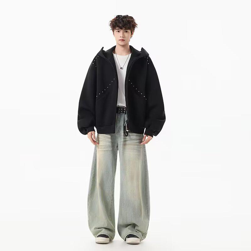 Men's Designer Rivet Patch Doberman Ear Hoodie - Autumn/Winter Trendy Heavyweight Cardigan Jacket