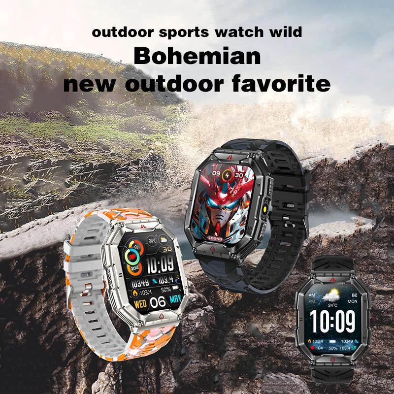 Rainbuvvy KR82 Smart Watch 2,1 Zoll AMOLED-Bildschirm Bluetooth-Anruf Höhenmesser barometrischer Kompass Taschenlampe Outdoor-Sportuhr