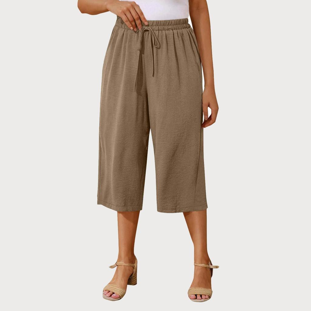 Women's High Waist Solid Color Casual Trousers Workout Pants 1/2 Shorts