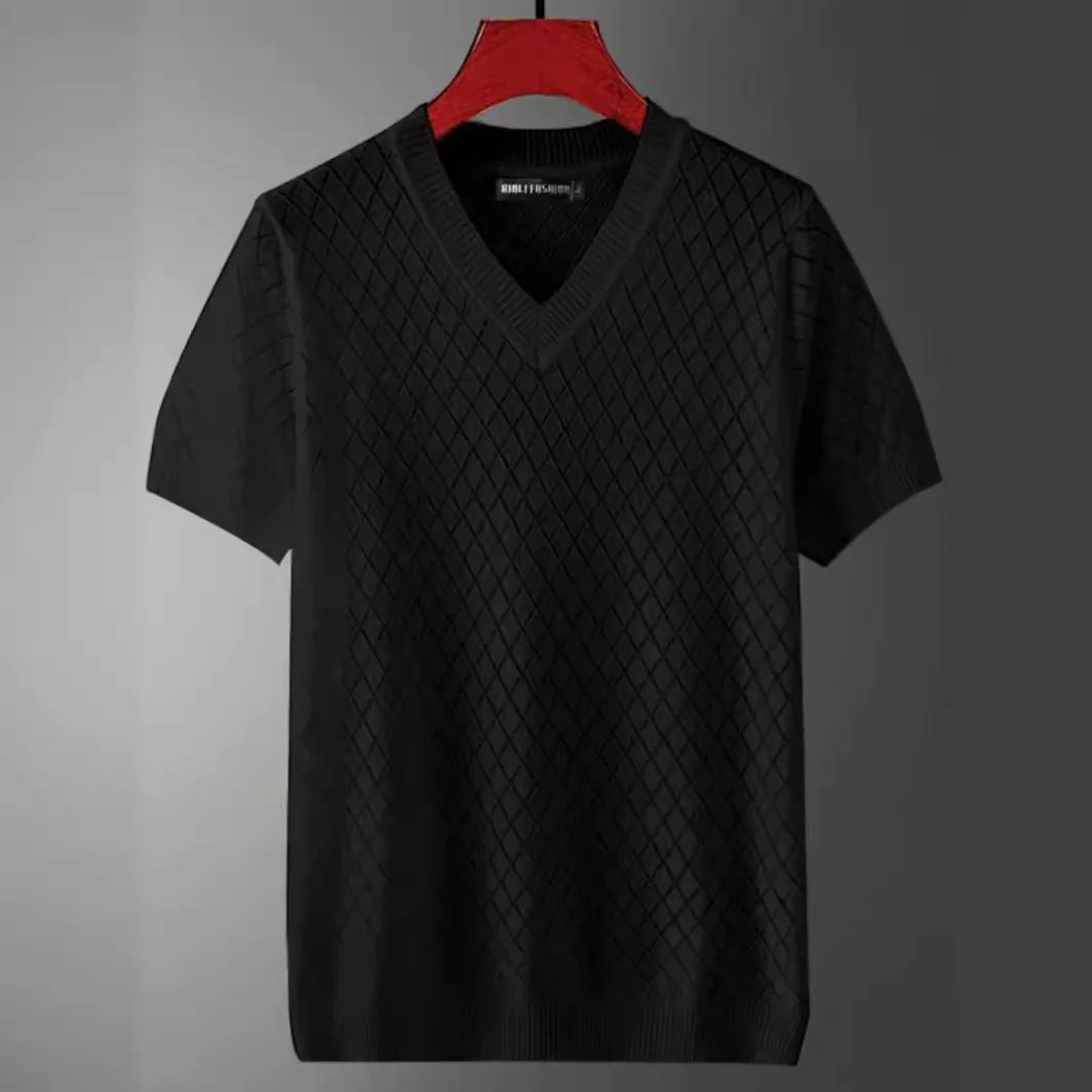 

Men s Ice Silk Hollow O-neck T-shirt Top Summer Cool Thin Style Chicken Heart Short Sleeves Knitted Top M чёрный