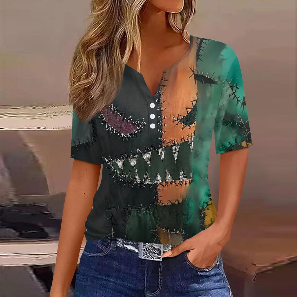 Women's Casual V Neck Short Sleeve Button Front Top Halloween Print Lightweight Blouse for Everyday Wear