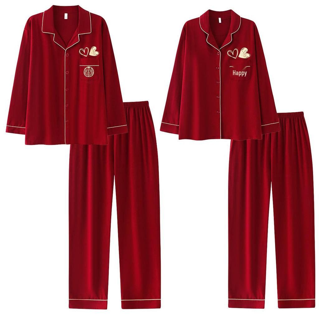 Red Turn-Down Collar Couple Pajamas - Long Sleeve, Plus Size, Korean Style Festive Homewear