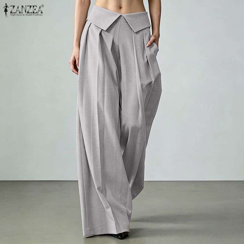 ZANZEA Woen Elastic Waist Solid Color Loose Casual Wide Leg Pants