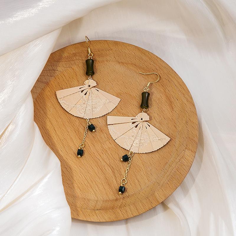 Fan Earrings, Guochao Folding Fringed Fan Stud Earrings, Micro-Carved Bamboo Fan Hanfu Earrings