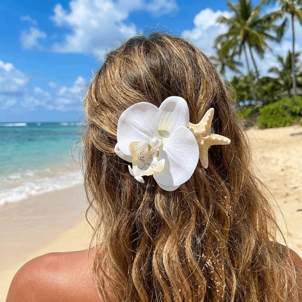 Trendy Orchid Flower Hairpin Vintage Resin Starfish Hair Clip Pearl Hair Clip Seaside Wear
