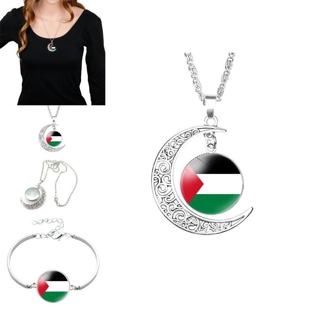 Palestinian Flag Design Time Gem Moon Pendant Necklace Unique Neck Chain
