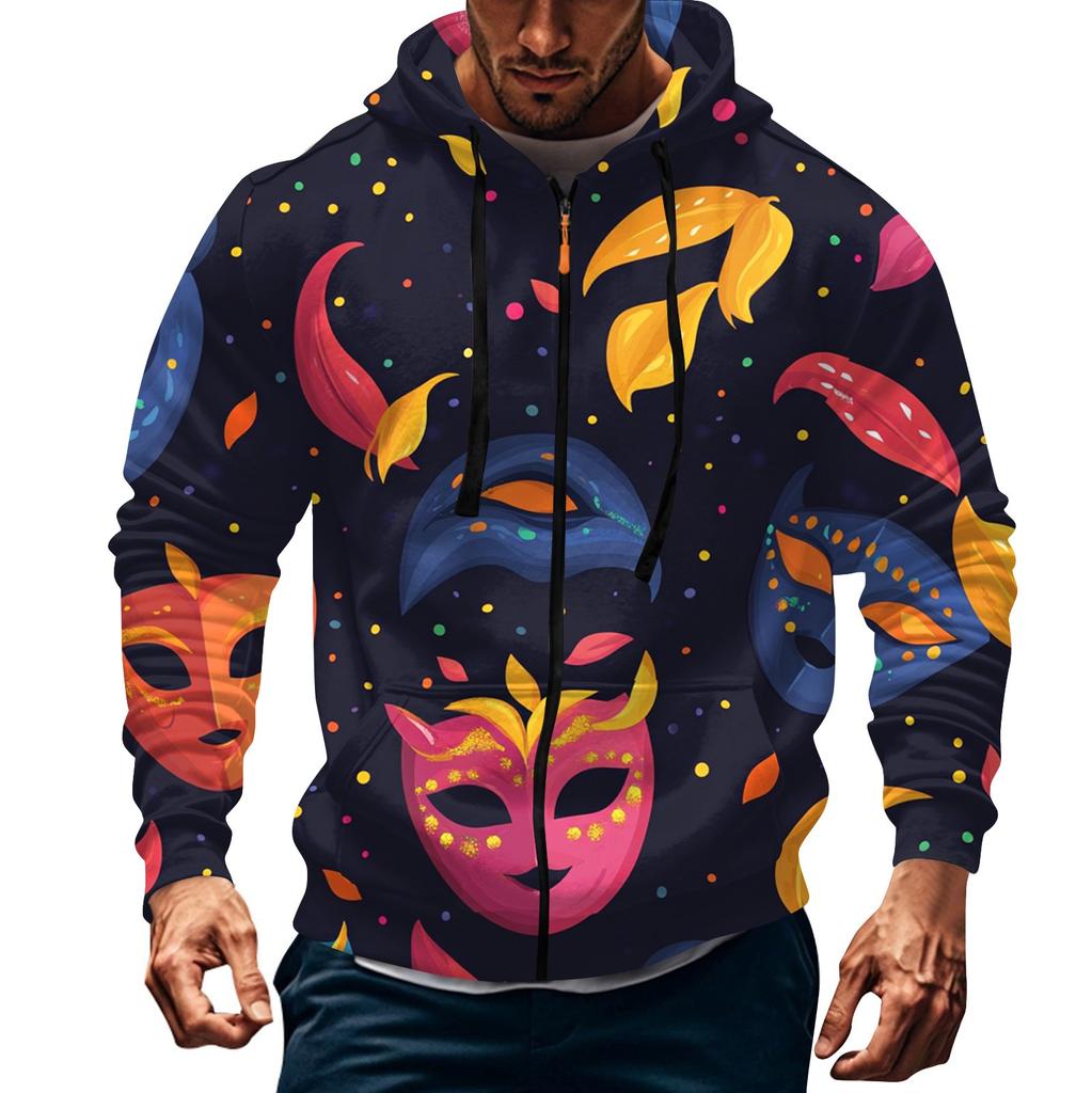Men's Sports Casual Fleece Hoodie Carnival Print Hoodie Cardigan Zipper Multi-pocket Hoodie Coat