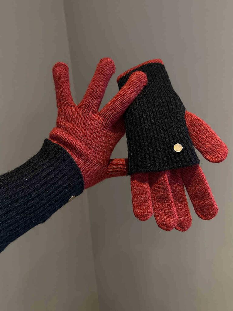 Maillard Wind Long Short Dual-purpose Color Matching Knitted Gloves Wool Can Be Played Mobile Phone Warm