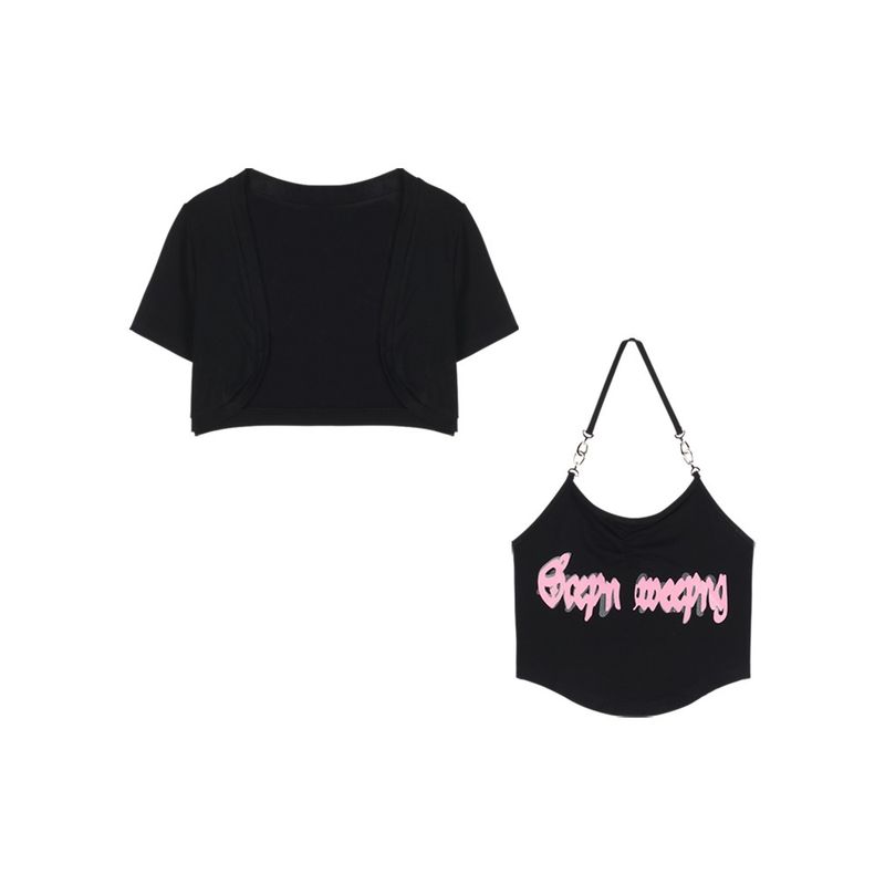 

Модный стиль Сексуальный топ-халтер на бретелях-спагетти Женский летний нишевый сексуальный короткий комплект для дома из двух предметов: топ и кардиган с коротким рукавом Black Two-piece set L