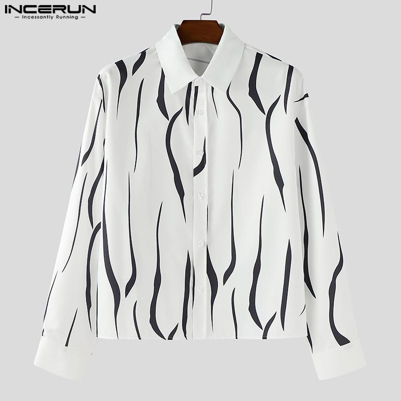 INCERUN Oversized Men Lapel Neck Long Sleeve Striped Casual Loose Shirts