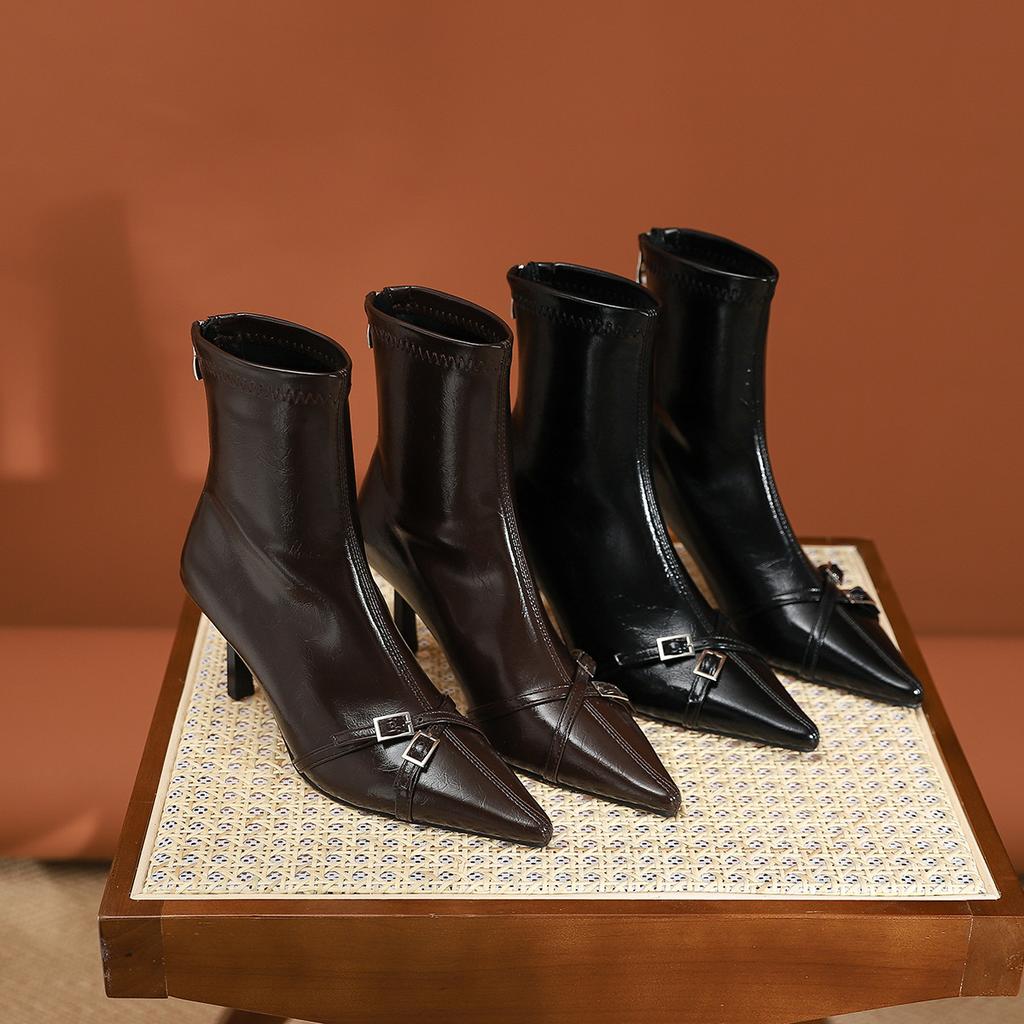 10086-2 Fashion Skinny Leg Boots Pointed Glossy High Heel Short Boots Autumn New Belt Buckle Skinny Heel Short Women's Boots
