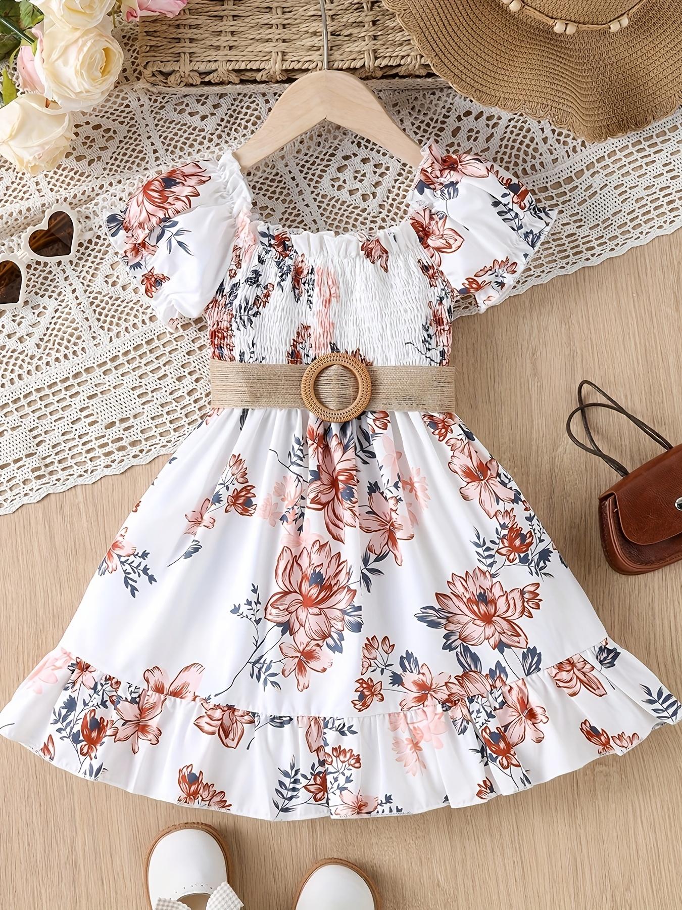 White Waist-Cinching Print Short-Sleeve Round-Neck Casual Dress for Girls 120 хаки