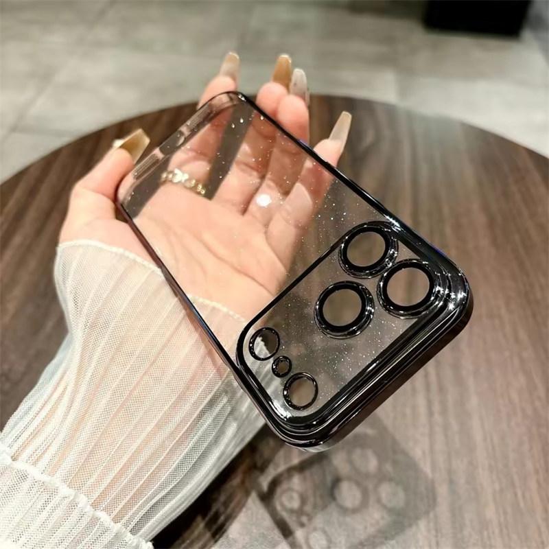 

Plating Sparkling Transparent Case For iPhone 17 Air 16 15 14 Plus 13 12 11 Pro Max Shiny Glitter Bling Rugged PC Armor Cover iPhone 17 Pro Max чёрный