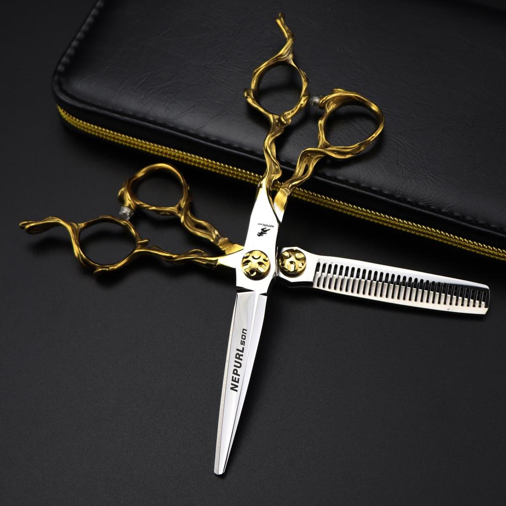 6.0" Gold Tree Root Handle Hairdressing Scissors - Straight & Thinning Shears