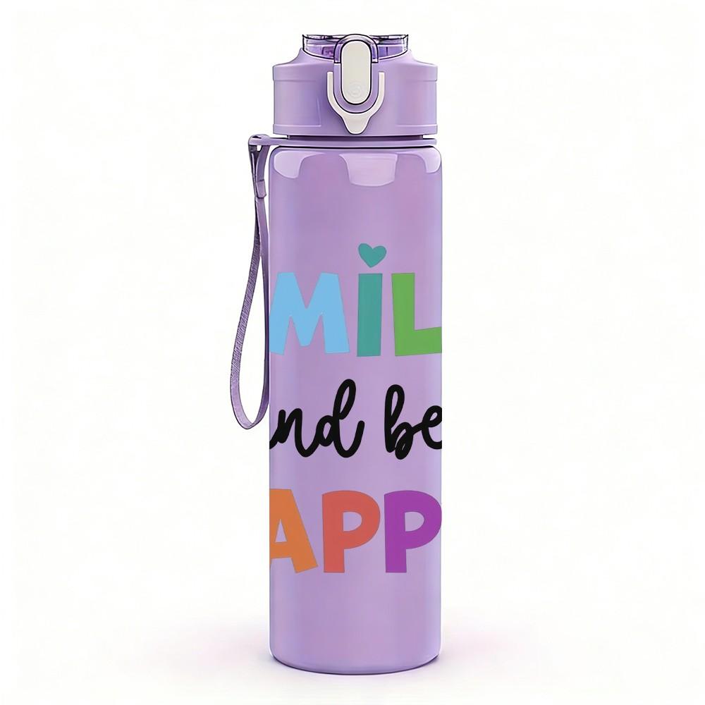 1PC Smile And Be Happy Pastel Lettering Print 750ml Color Plastic Sports Water Bottle Leakproof Flip Straw Lid Suitable for Sports Office Home Use
