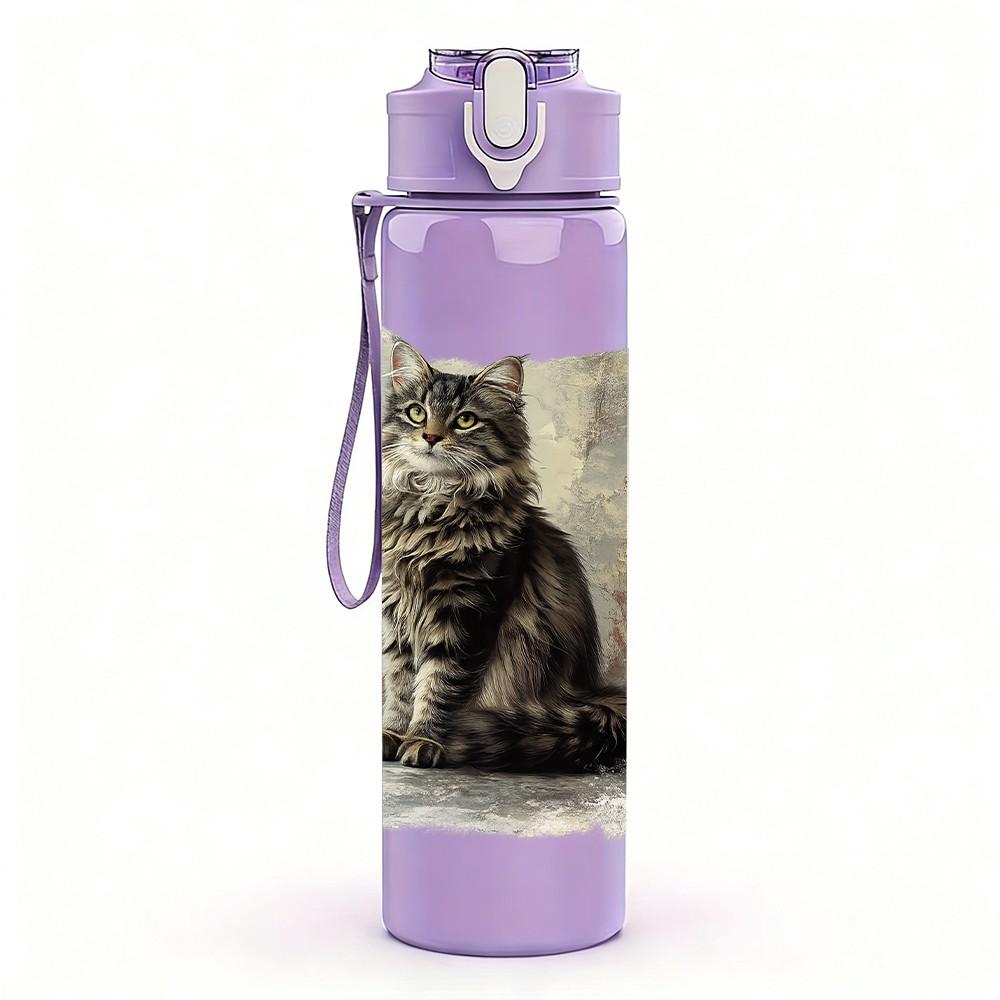 1PC Vintage Cat Old Photo Pillow Print 750ml Color Plastic Sports Water Bottle Leakproof Flip Straw Lid Suitable for Sports Office Home Use