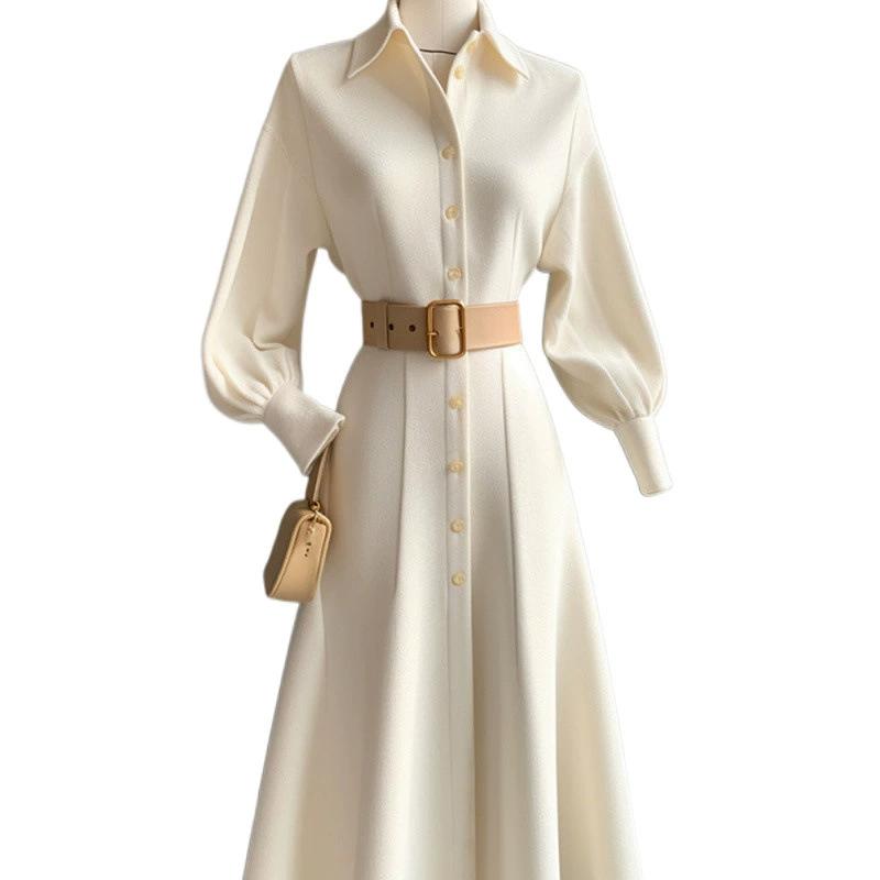 Waist Up Shirt Autumn French Style Slimming Dress Long Skirt Polo Collar Design