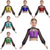 Top Corto de Patinaje Artístico para Niñas Cuello Alto Malla Transparente Mangas Largas Espalda Descubierta con Tirantes Brillantes Pedrería Bloque de Color Disfraz de Performance de Baile
