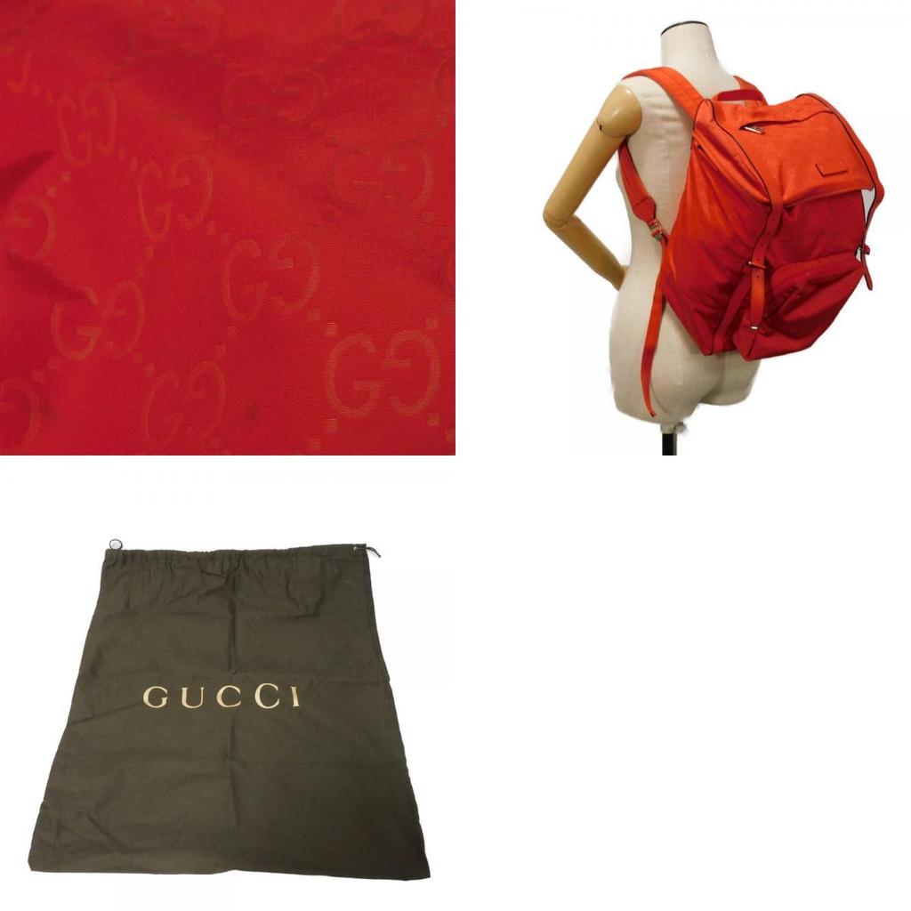 Used 9539 GG Nylon Daypack 387071 7927 Double G Calfskin Drawstring Logo Embossed Orange Red Men's from Japan AUTHENTIC