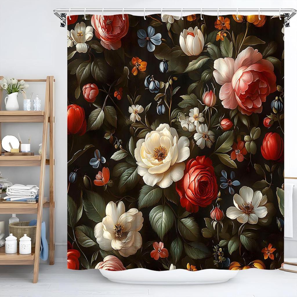 Black Floral Shower Curtain Vintage Boho Dark Rose Flower Blossom Leaves Botanical Plant Modern Elegant Aesthetic Spring Garden