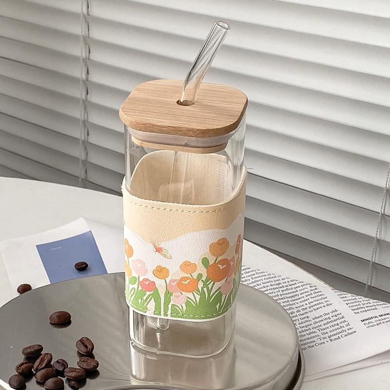 400 ml Fyrkantig Värmebeständig Kaffeglaskopp Med Lock Och Sugrör Transparenta Mjölkte-Juicekoppar Kaffemugg Hemmabar Dryckesvaror
