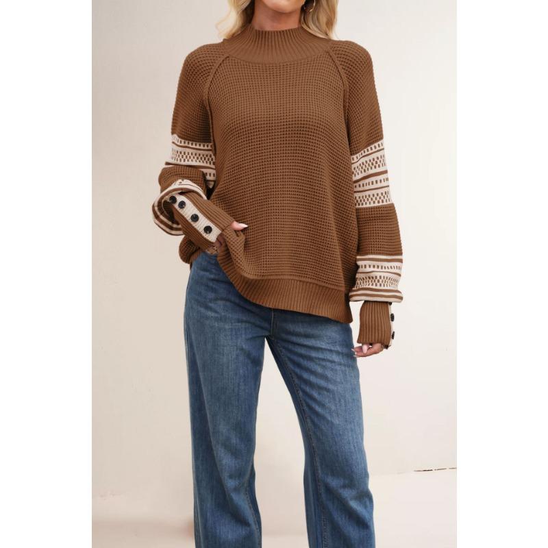 Women s Beige&Navy Striped Knit Sweater Mock Neck Button Cuff Casual Pullover S коричневый
