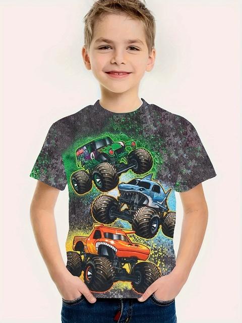 

Детская одежда Футболка для мальчиков с коротким рукавом и принтом грузовиков Детская летняя одежда Повседневная одежда с рисунком с круглым вырезом для девочек Топы Рубашки 160