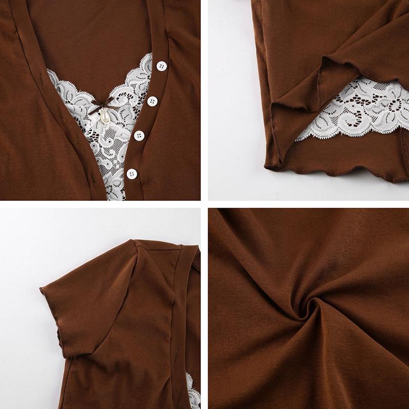 Y2K koronkowe wykończenia przycięte topy brązowy bawełniany t-shirt z guzikami z krótkim rękawem dekolt w serek Retro Harajuku Basic Casual Cardiagn Women Tee