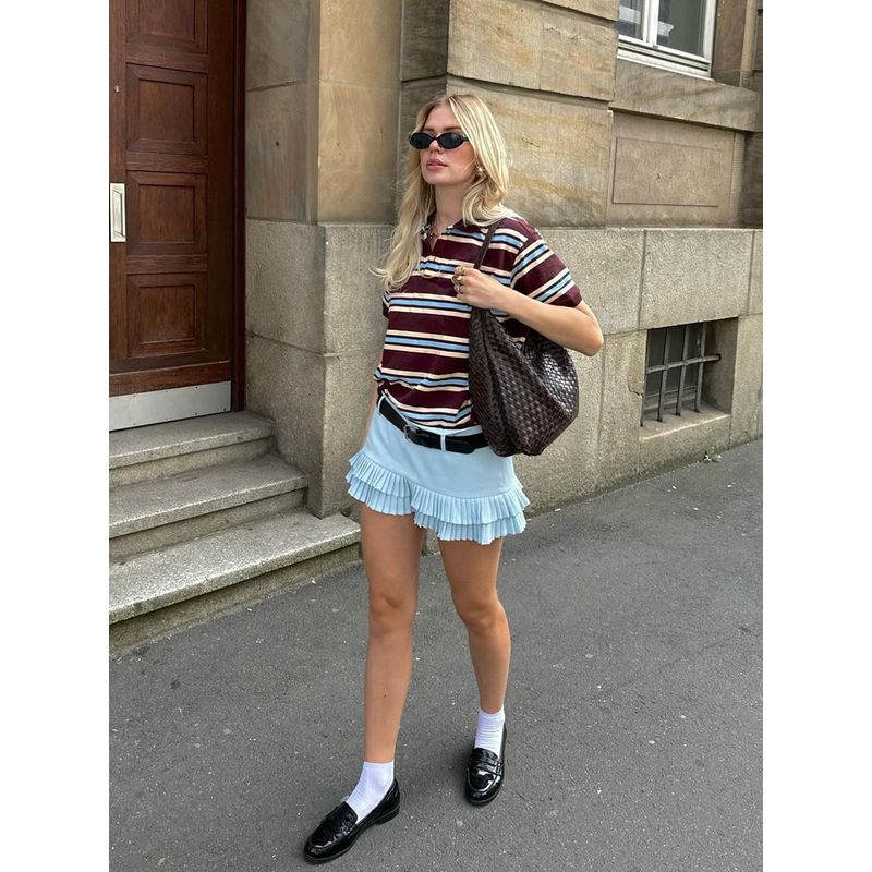 Lioness * American Girl Retro Style Polo Shirt Collar Contrast Color Stripes Short Sleeve Preppy Style Casual All-Matching Tops