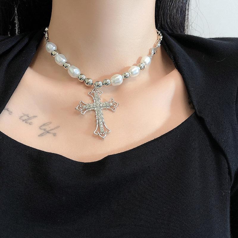 1pcs Faux White Gold-color Necklace Hip Hop Punk Cross Pendant Handmade Wear Faux Pearls Colla