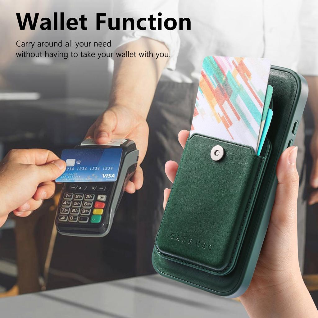 CASENEO For iPhone 17 Magnetic Case PU Leather PC Phone Cover with Detachable Card Holder Kickstand Compatible with MagSafe