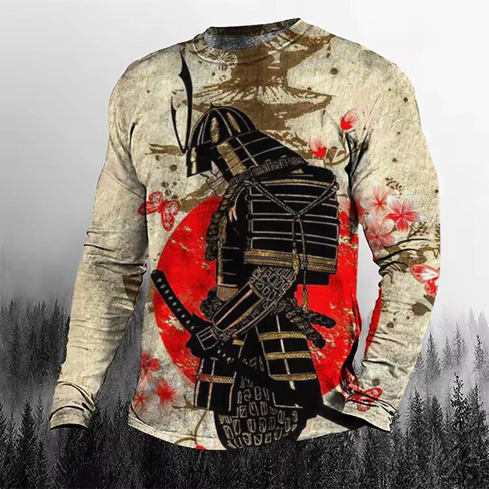 Super Cool Vintage Japanese Samurai Men's T-shirt O-Neck Cotton Men's Clothing Oversized Casual Long Sleeve Tops 3D Printed T Shirts