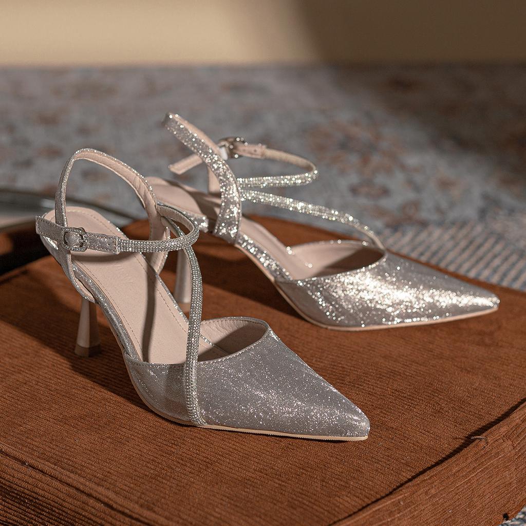 French 2025 New Champagne High Heels Single Women's Pointed Rhinestone Sparkling Sandals Princess Shoes