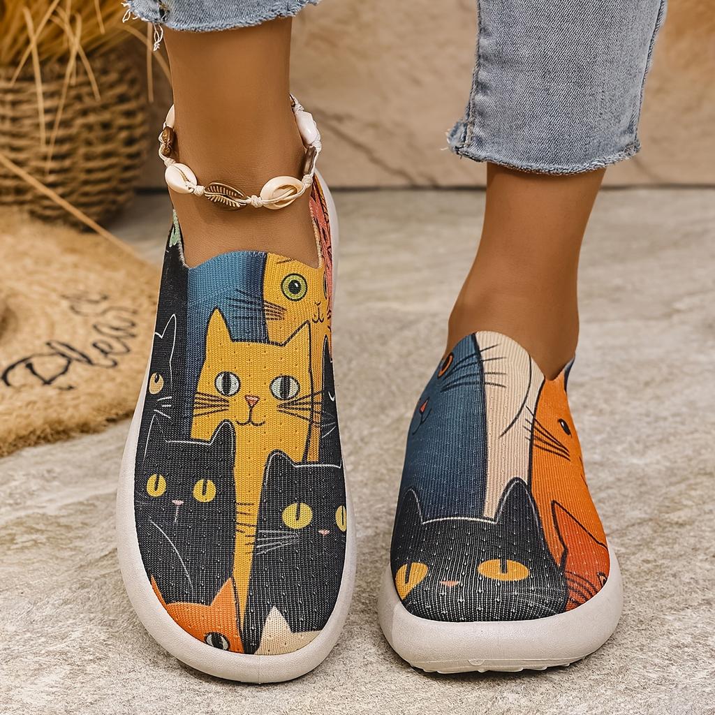 Cute Cat Sneakers Lightweight Comfortable Women's Cute Cat Print Slip-On Sneakers Breathable Mesh Fabric for All-Season Outdoor Shoes