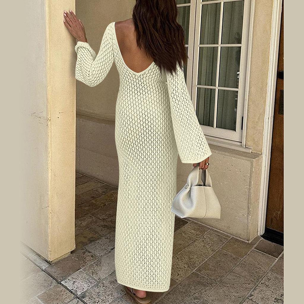 Women's Long Beach Dress Color Knit Hollow Out Swimsuit Cover Up Sunwear