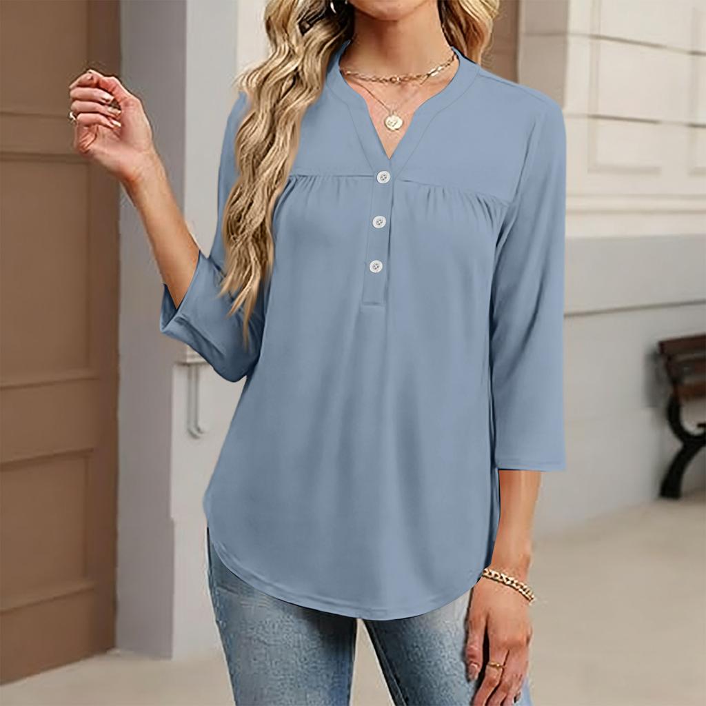 Women's Fashionable Casual Color V-Neck Decorative Button Three-Quarter Sleeve T-Shirt Top