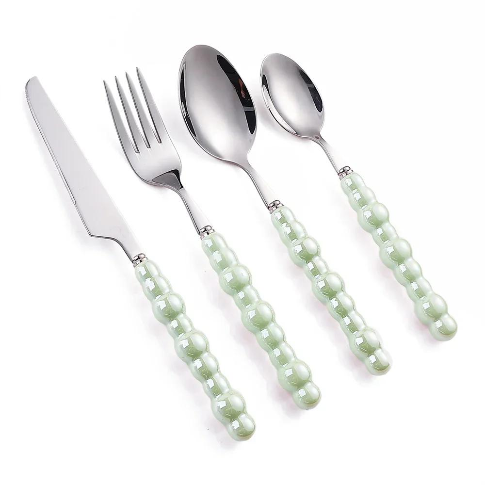 1Pcs Luxury Dinnerware Set Ceramic Pearl Handle Stainless Steel Spoon And Fork Set Western Silver Cutlery High-looking Tableware