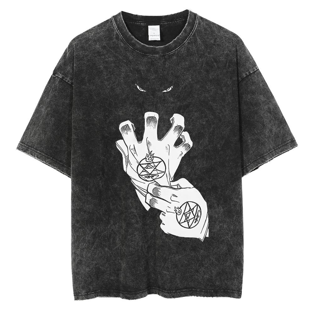 Anime Fullmetal Alchemist Logo Graphic Print T Shirt Men Women Vintage Manga Tshirts Washed Cotton Tshirt Harajuku Oversize Tee