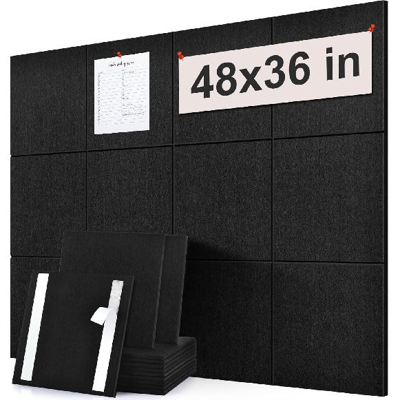 Large Cork Board Subsitute - 24"x24" Bulletin Board - 4 Pack Black Felt Board for Home&Office Wall Decor with Noise Reduction