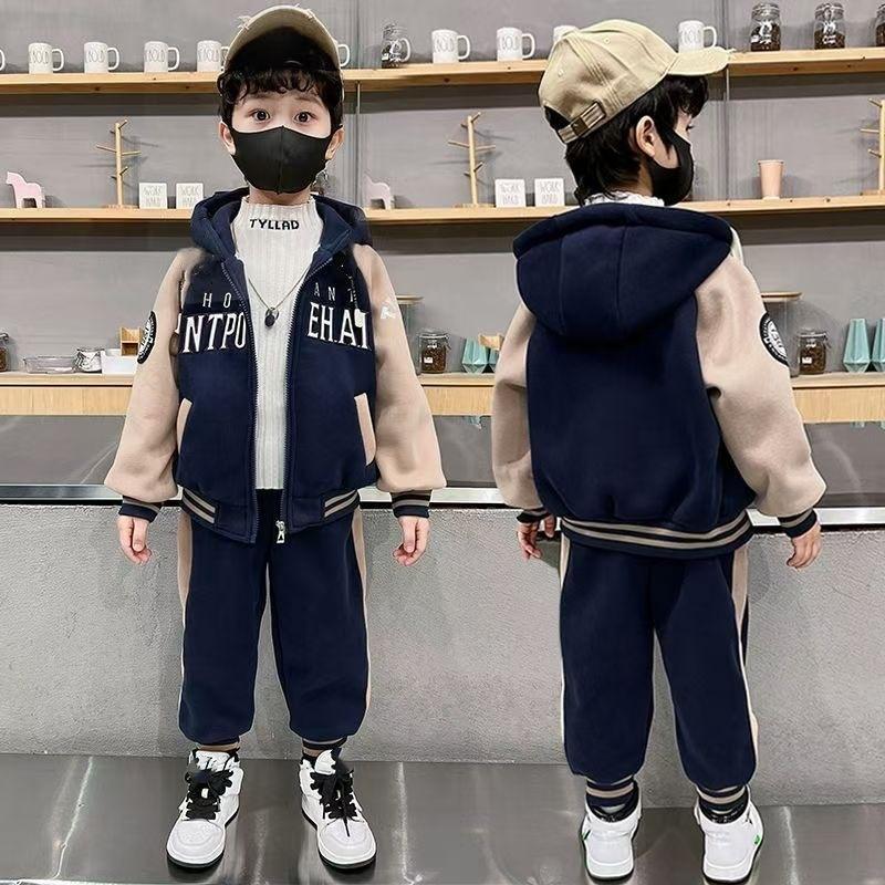 Winter Jungen Bekleidungssets Fleece Kleidung Sets für Kinder Buchstaben Kinder Jacke+Hose 2-teilige Anzüge Baby Trainingsanzug