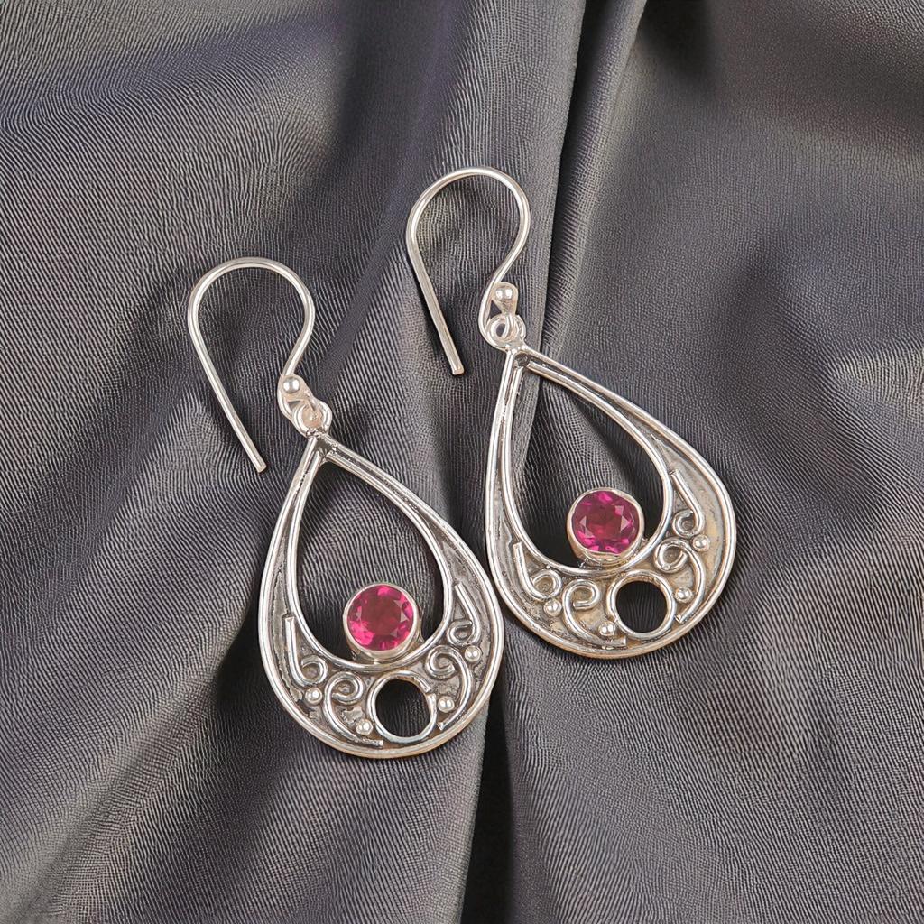 Pink Rubellite Gemstone 925 Sterling Silver Handmade Jewelry Hook Earrings 1.91" EE-90-9