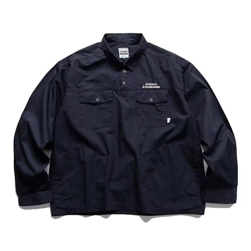 Japanese Retro Simple Letter Embroidered Shirt Men's Long Sleeve Lapel Multi-Pocket Casual Shirt Spring and Autumn Coat