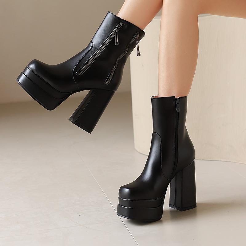 Women's High-heeled Short Boots Autumn and Winter New European and American Style Waterproof Table Thick-heeled Large-size Short Boots