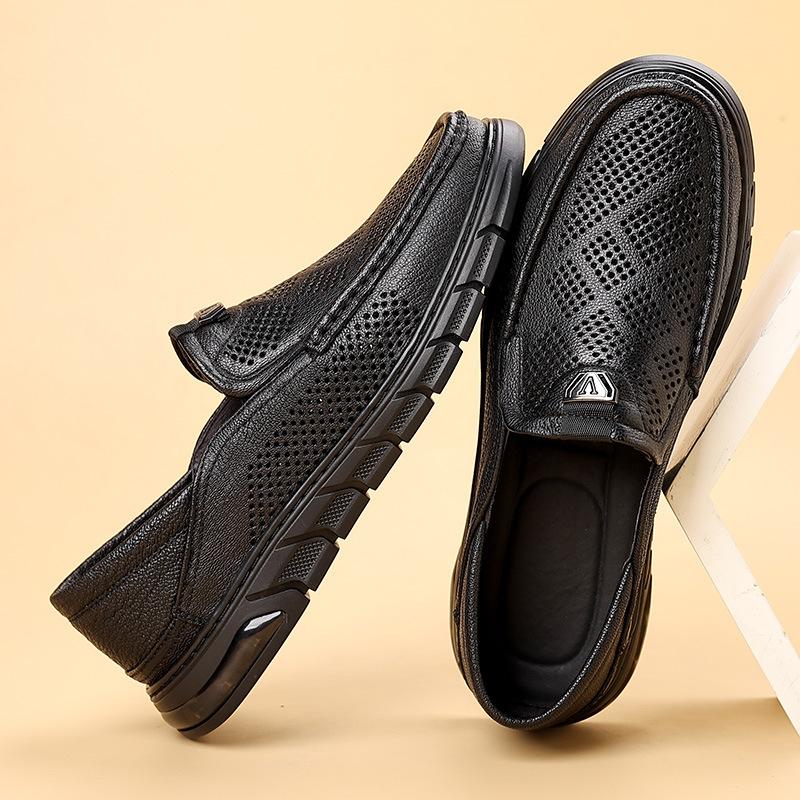 

New summer men s shoes middle-aged and elderly one-pedal leather breathable men s cool leather shoes soft-soled hollowed casual shoes men s 38
