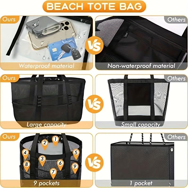 Large Capacity Mesh Beach Tote Bag for Swimming, Shower, Fitness & Travel, Foldable Grocery Zipper Bag, Summer Beach Essential