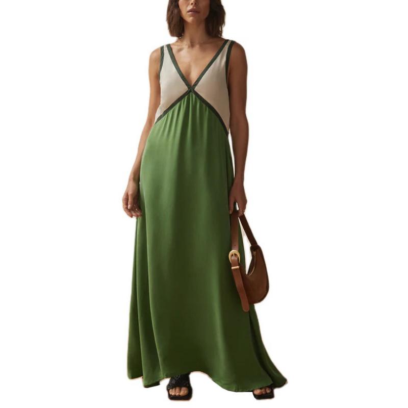 Women's Summer Color Block V Neck Sleeveless Tank Maxi Dress Loose Casual Vacation Beach Long Dress for Women