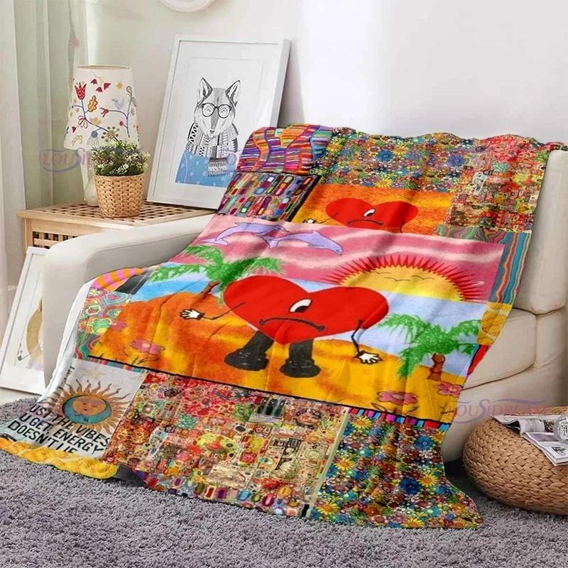 Cartoon Bad Bunny Coperta Coperte di flanella Musica pop latina Coperte calde in pile di peluche per biancheria da letto per divano adulto per tutte le stagioni
