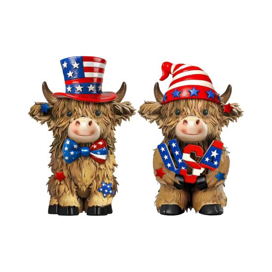 2 Pcs Patriotic Cow Highland of July Figurine 4th Red White Blue