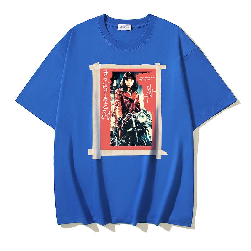 Off-White 2025 Summer New OW Motorcycle Girl Pattern Printed Short Sleeved T-shirt for Men and Women