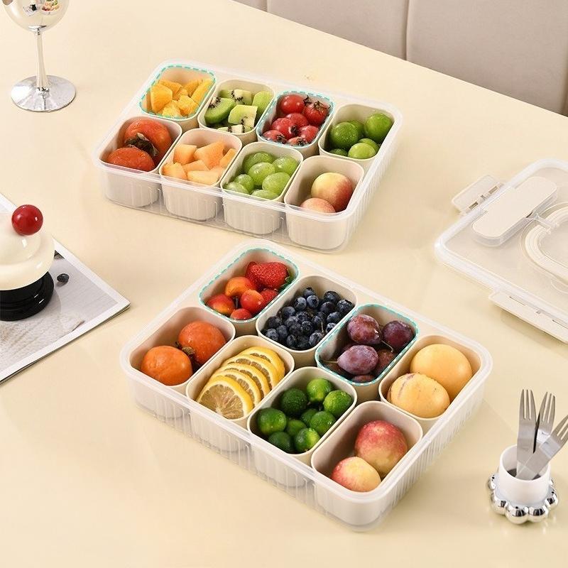 Eight-compartment Food Storage Box with Four Forks, Outdoor Picnic Covered Fruit Storage Box, Food-grade Compartments